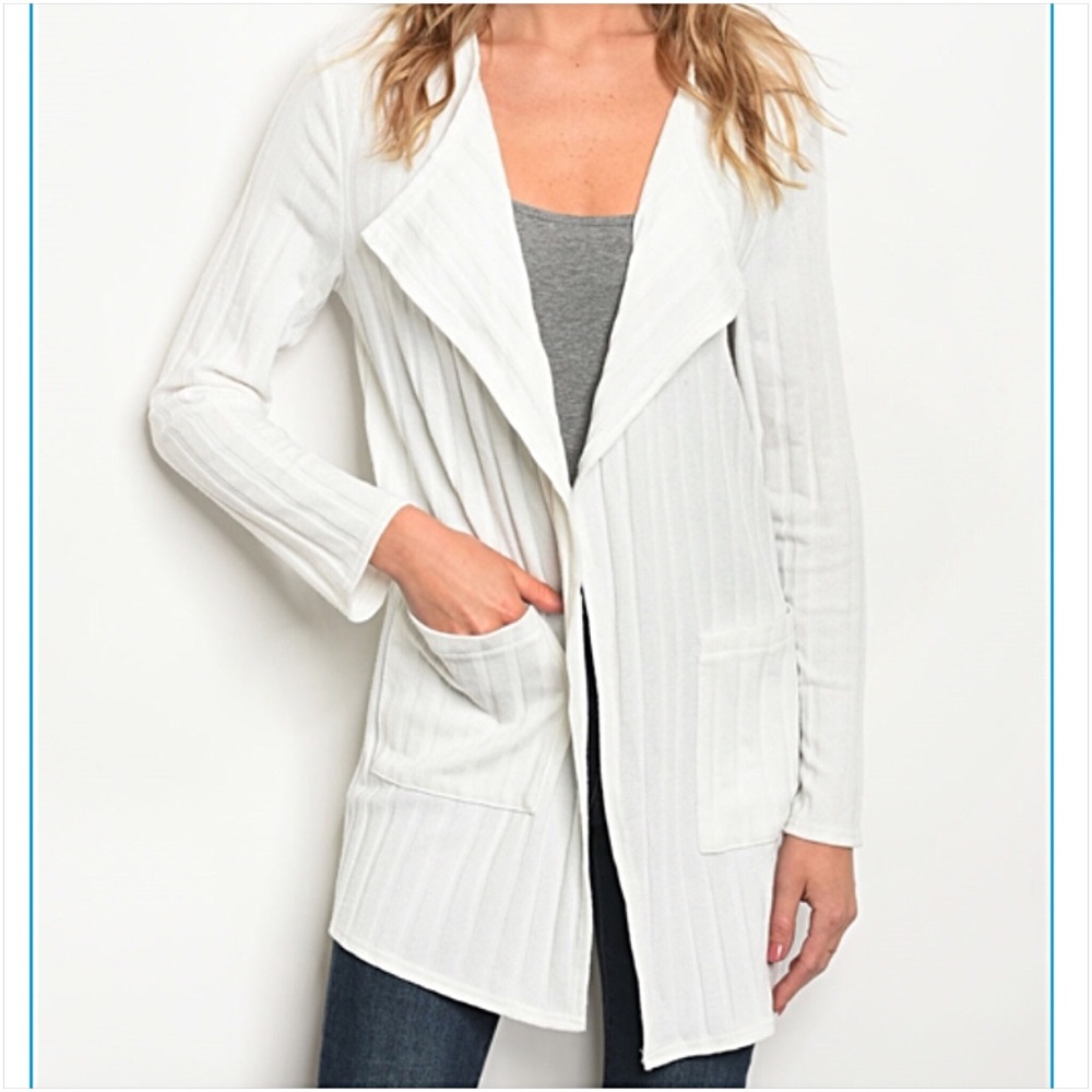 White Draped Cardi Sweater Pocket L XL - Picture 3 of 4
